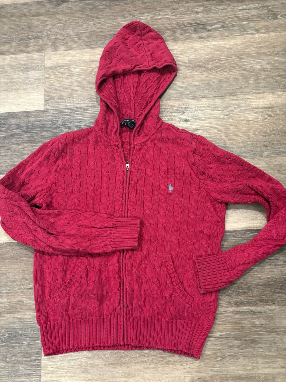 Ralph Lauren Cable-sport women’s L Knit Hoodie Sweater in Raspberry, Vintage.